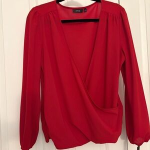 NEW APT. 9 Women Medium Red Chiffon Deep V-Neck Ruched Balloon Long Sleeve Blous